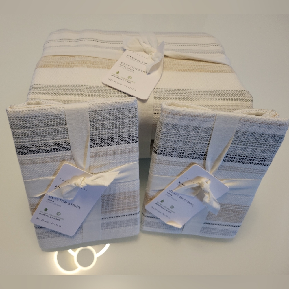 Pottery Barn Cal King/King Sz Clayton Stripped Cotton Duvet Cover & Shams